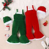 Salopetă de Crăciun pentru copii mici, fetițe, cu bretele fără mâneci, pantaloni evazați + pălărie, roșu, verde, catifea, haine de Crăciun 2 buc.