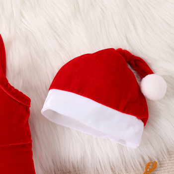 Прохождащи бебета и момичета Коледен гащеризон без ръкави с презрамки Гащеризон с кльощави панталони + шапка Детско червено зелено кадифено коледно облекло 2 бр.