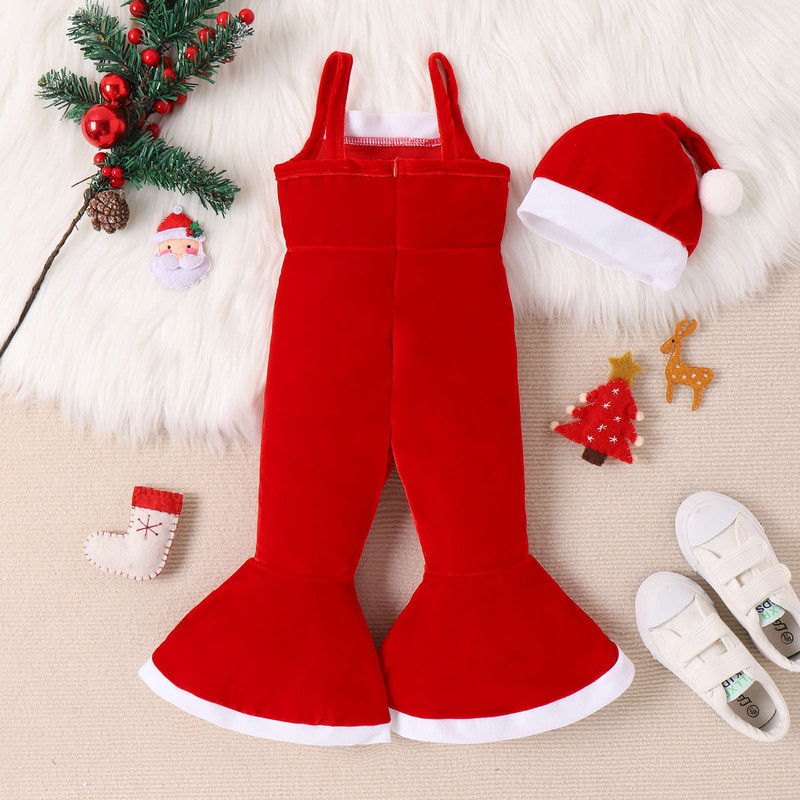 Χριστουγεννιάτικη φόρμα για κοριτσάκια για μωρά αμάνικα λουράκια Romper flare παντελόνι+καπέλο Παιδικό κόκκινο πράσινο βελούδινο Χριστουγεννιάτικα ρούχα 2 τμχ