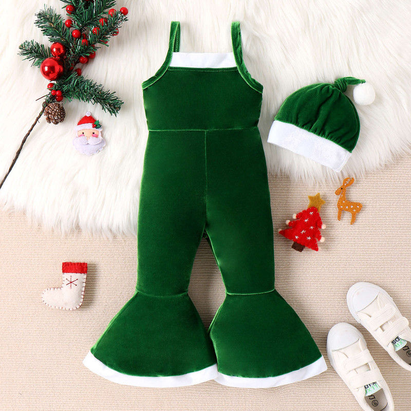 Χριστουγεννιάτικη φόρμα για κοριτσάκια για μωρά αμάνικα λουράκια Romper flare παντελόνι+καπέλο Παιδικό κόκκινο πράσινο βελούδινο Χριστουγεννιάτικα ρούχα 2 τμχ