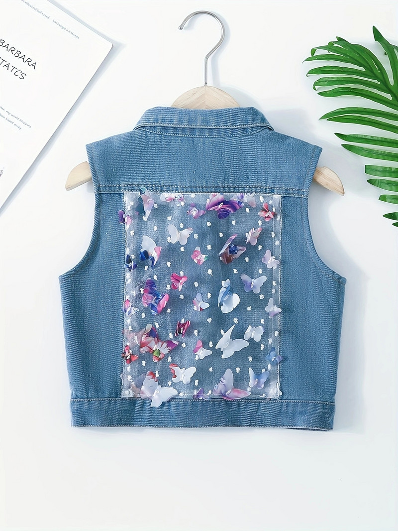 Τζιν γιλέκο για κορίτσια, πέτο πεταλούδας, πολυχρηστικό λουλουδάτο τζιν γιλέκο, ανοιξιάτικο και φθινόπωρο casual παλτό