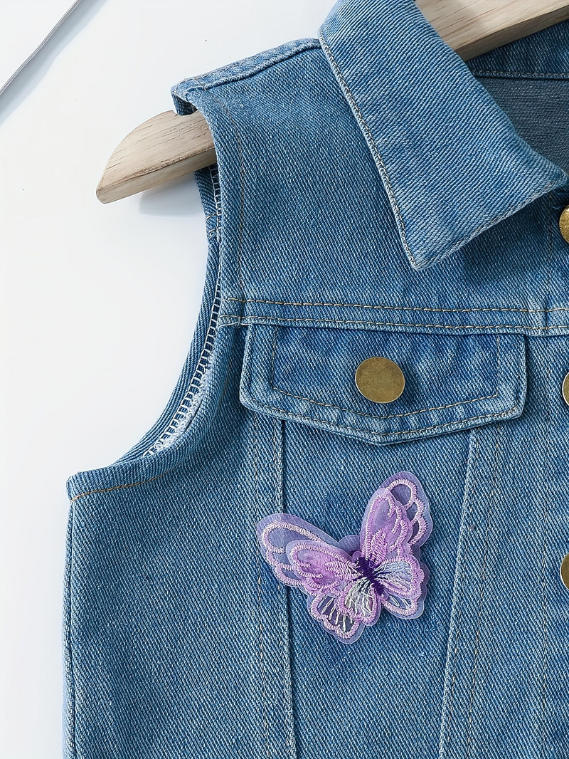 Τζιν γιλέκο για κορίτσια, πέτο πεταλούδας, πολυχρηστικό λουλουδάτο τζιν γιλέκο, ανοιξιάτικο και φθινόπωρο casual παλτό