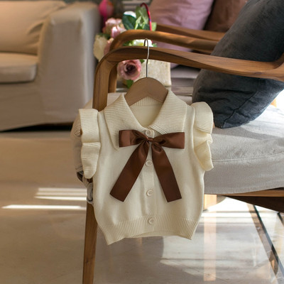 Pulover pentru fete de toamnă Vestă Îmbrăcăminte pentru copii Cardigan pentru fete cu rever Vestă cu fundă Vestă cu mâneci mici zburătoare Pulover tricotat drăguț Vest Top
