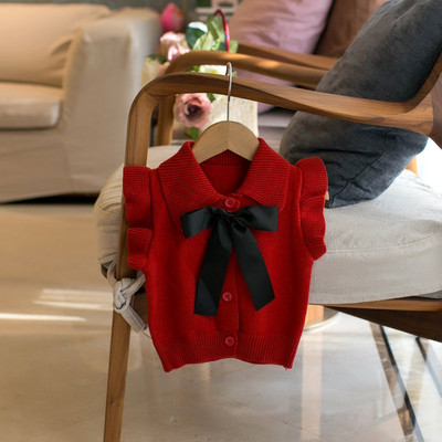 Pulover pentru fete de toamnă Vestă Îmbrăcăminte pentru copii Cardigan pentru fete cu rever Vestă cu fundă Vestă cu mâneci mici zburătoare Pulover tricotat drăguț Vest Top