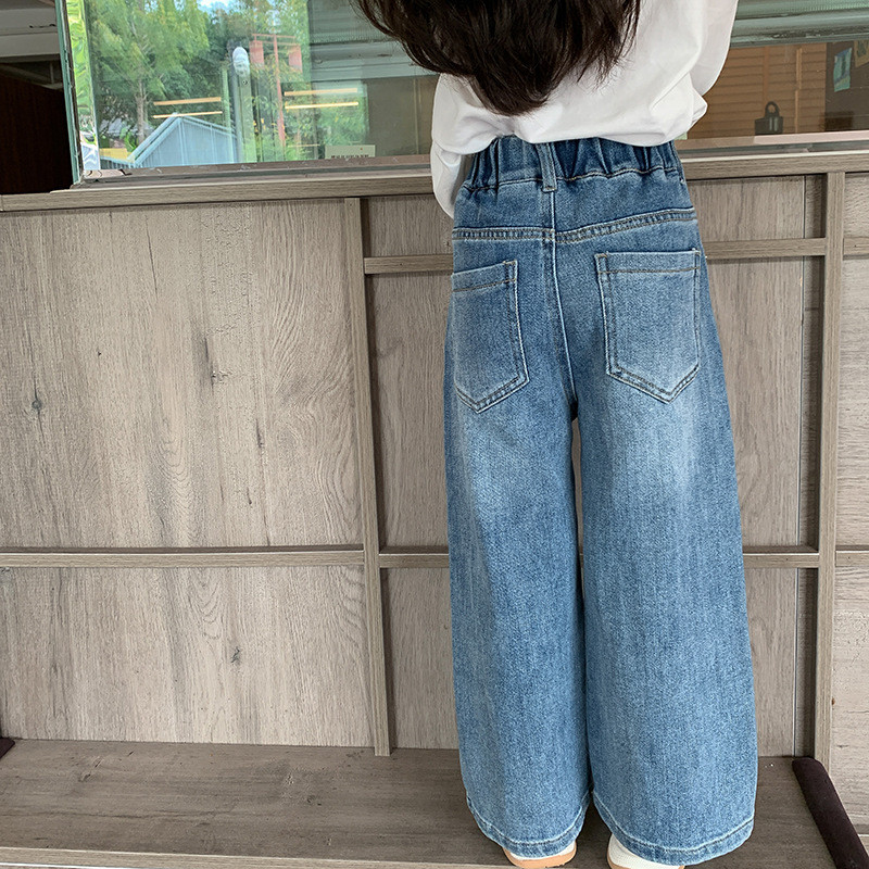 Есенни унисекс детски прави дънкови панталони за момичета, модни свободни ежедневни дънки 2-8Y