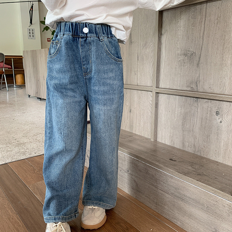 Есенни унисекс детски прави дънкови панталони за момичета, модни свободни ежедневни дънки 2-8Y