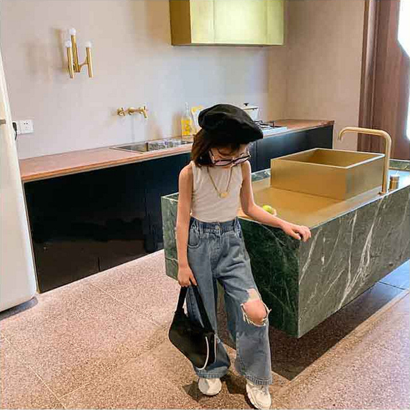 2021 Пролет Лято Есен Момичета Готини дънкови панталони с дупки Бебешки Детски Детски дънкови панталони