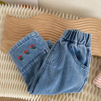 2023 Пролет Есен Момичета Сладки панталони с дънки с бродерия Бебешки Детски ежедневни дънкови панталони