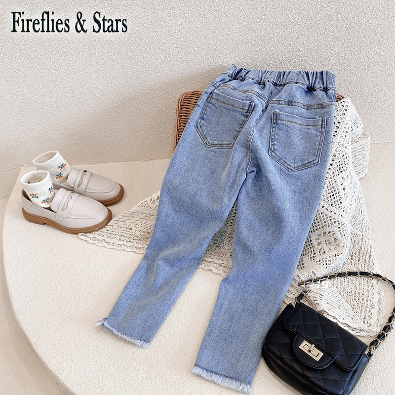 Пролет Есен Дънкови панталони за момичета Бебешки панталони Детски дънки Детски панталони Гръб Разтягащ се медал Златен бутон 2 до 7 години