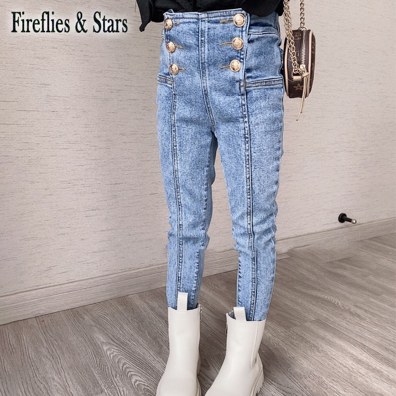 Пролет Есен Дънкови панталони за момичета Бебешки панталони Детски дънки Детски панталони Гръб Разтягащ се медал Златен бутон 2 до 7 години