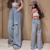 2023 de primăvară haine fete copii drepte rupte gaură blugi largi pantaloni talie elastică copil adolescent denim pantaloni late miss