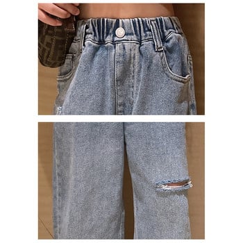 2023 пролетни дрехи за момичета Детски прави широки дънки със скъсани дупки Панталони с ластик на талията Детски тийнейджърски дънкови широки панталони miss