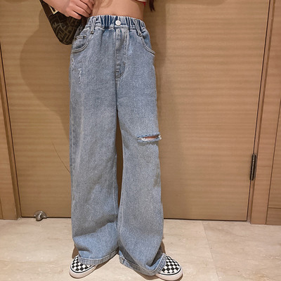 2023 de primăvară haine fete copii drepte rupte gaură blugi largi pantaloni talie elastică copil adolescent denim pantaloni late miss
