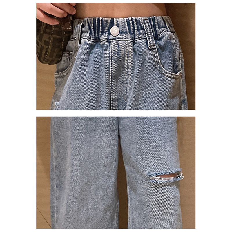2023 пролетни дрехи за момичета Детски прави широки дънки със скъсани дупки Панталони с ластик на талията Детски тийнейджърски дънкови широки панталони miss