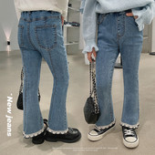 2023, primăvară toamnă, moda fete, blugi evazați, pantaloni pentru bebeluși, copii, copii, pantaloni din denim cu tiv din dantelă