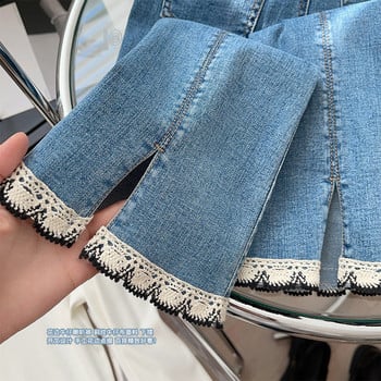 2023 Пролет Есен Модни кльощави дънкови панталони за момичета Бебешки детски Детски дънкови панталони с дантелен подгъв