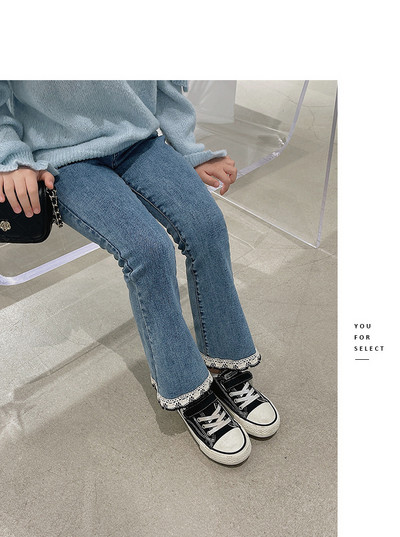 2023, primăvară toamnă, moda fete, blugi evazați, pantaloni pentru bebeluși, copii, copii, pantaloni din denim cu tiv din dantelă
