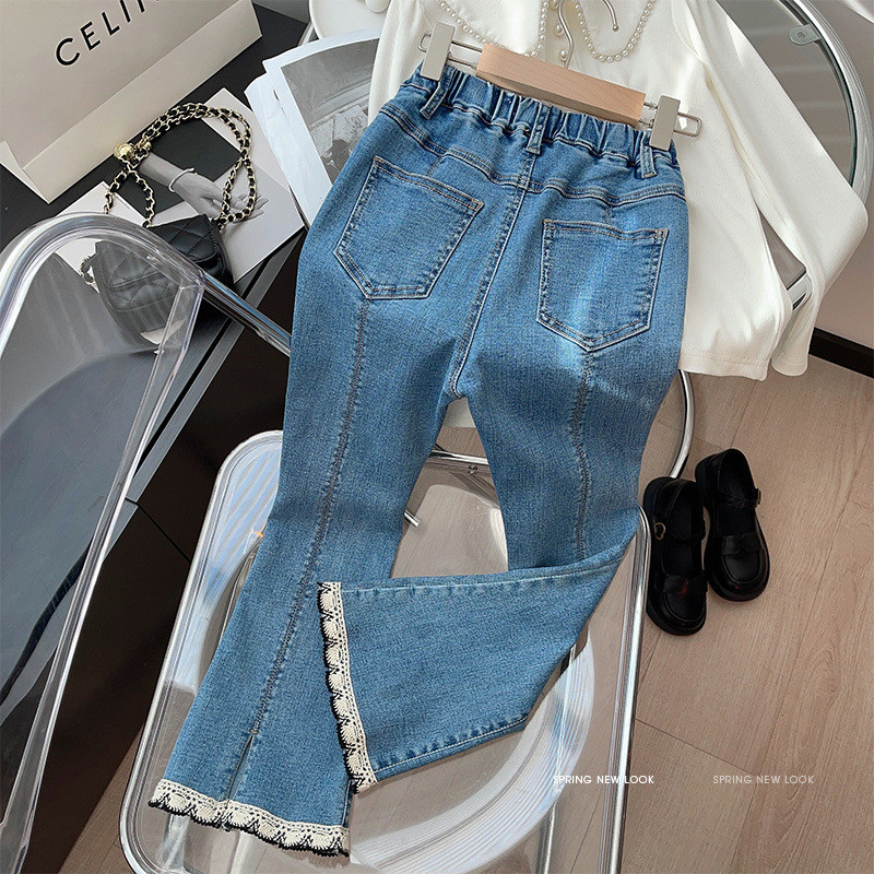 2023 Пролет Есен Модни кльощави дънкови панталони за момичета Бебешки детски Детски дънкови панталони с дантелен подгъв