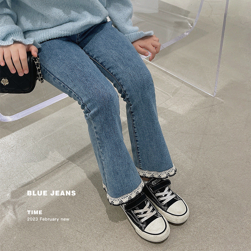 2023 Пролет Есен Модни кльощави дънкови панталони за момичета Бебешки детски Детски дънкови панталони с дантелен подгъв