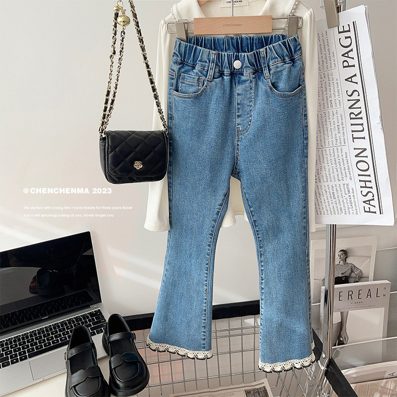 2023 Пролет Есен Модни кльощави дънкови панталони за момичета Бебешки детски Детски дънкови панталони с дантелен подгъв