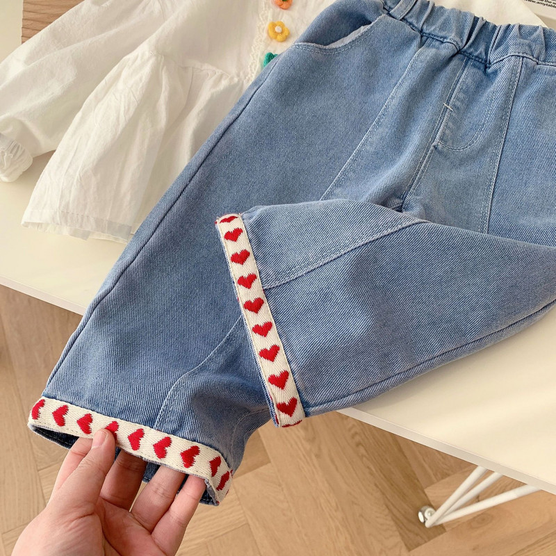 2023 Пролетни момичета Сладки сърцевини Дънки Панталон Бебешки Деца Детски широки дънкови панталони