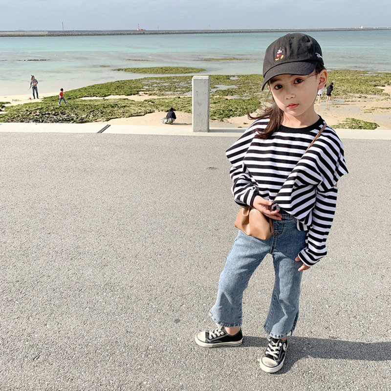 2-8T Модни дънки за момичета Прохождащо дете Бебешки пролетни дрехи Еластичен дънков панталон с висока талия Елегантни сладки сладки панталони Streetwear