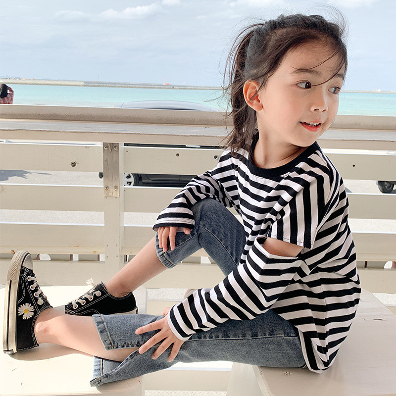 2-8T Модни дънки за момичета Прохождащо дете Бебешки пролетни дрехи Еластичен дънков панталон с висока талия Елегантни сладки сладки панталони Streetwear