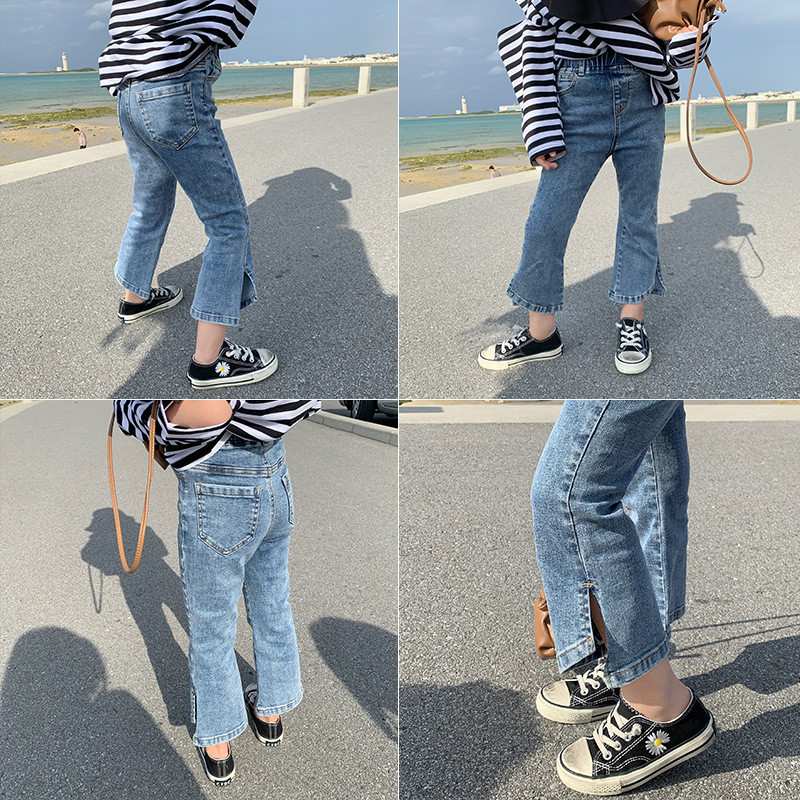 2-8T Модни дънки за момичета Прохождащо дете Бебешки пролетни дрехи Еластичен дънков панталон с висока талия Елегантни сладки сладки панталони Streetwear