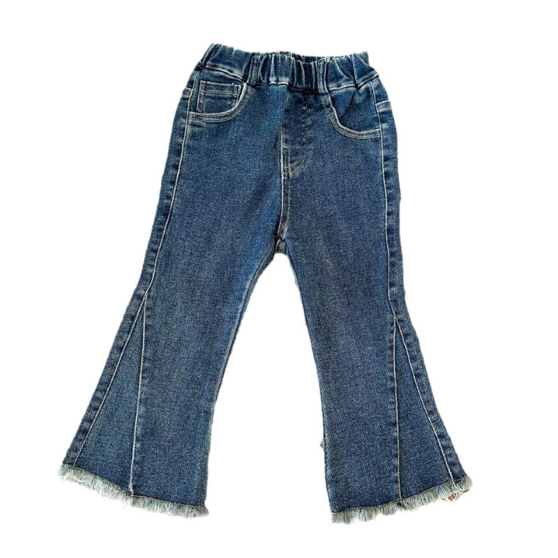 Клеш панталони за момичета в корейски стил Едноцветни пачуърк дънки с необработени ръбове за деца Универсални дънкови панталони