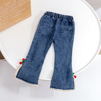 2023 Пролет Есен Модни дънкови панталони за момичета с череша Бебешки детски Детски дънкови панталони