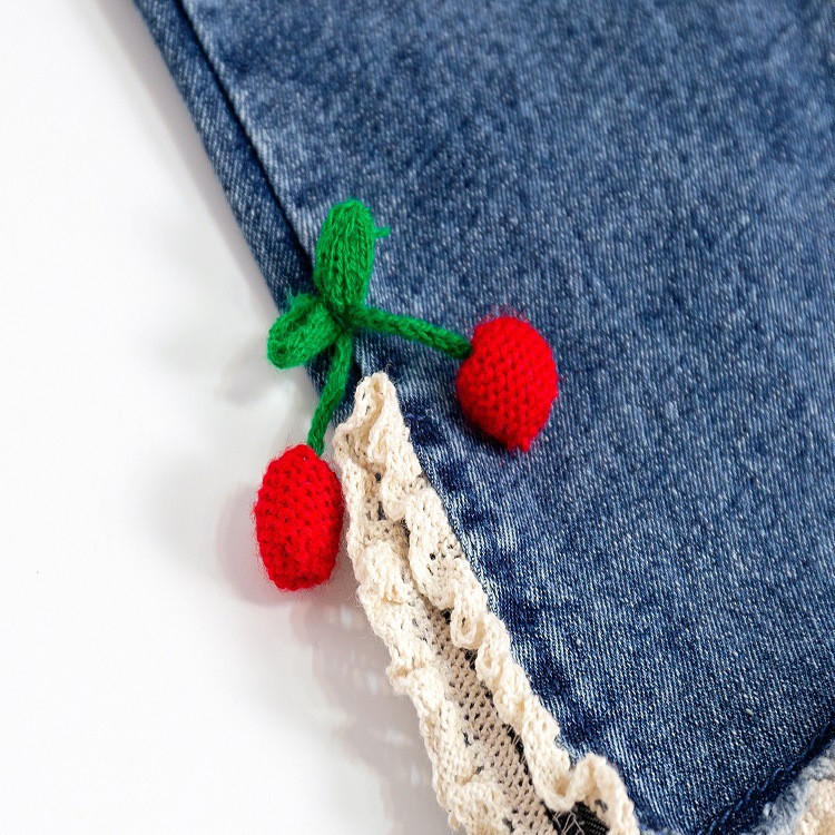 2023 Пролет Есен Модни дънкови панталони за момичета с череша Бебешки детски Детски дънкови панталони