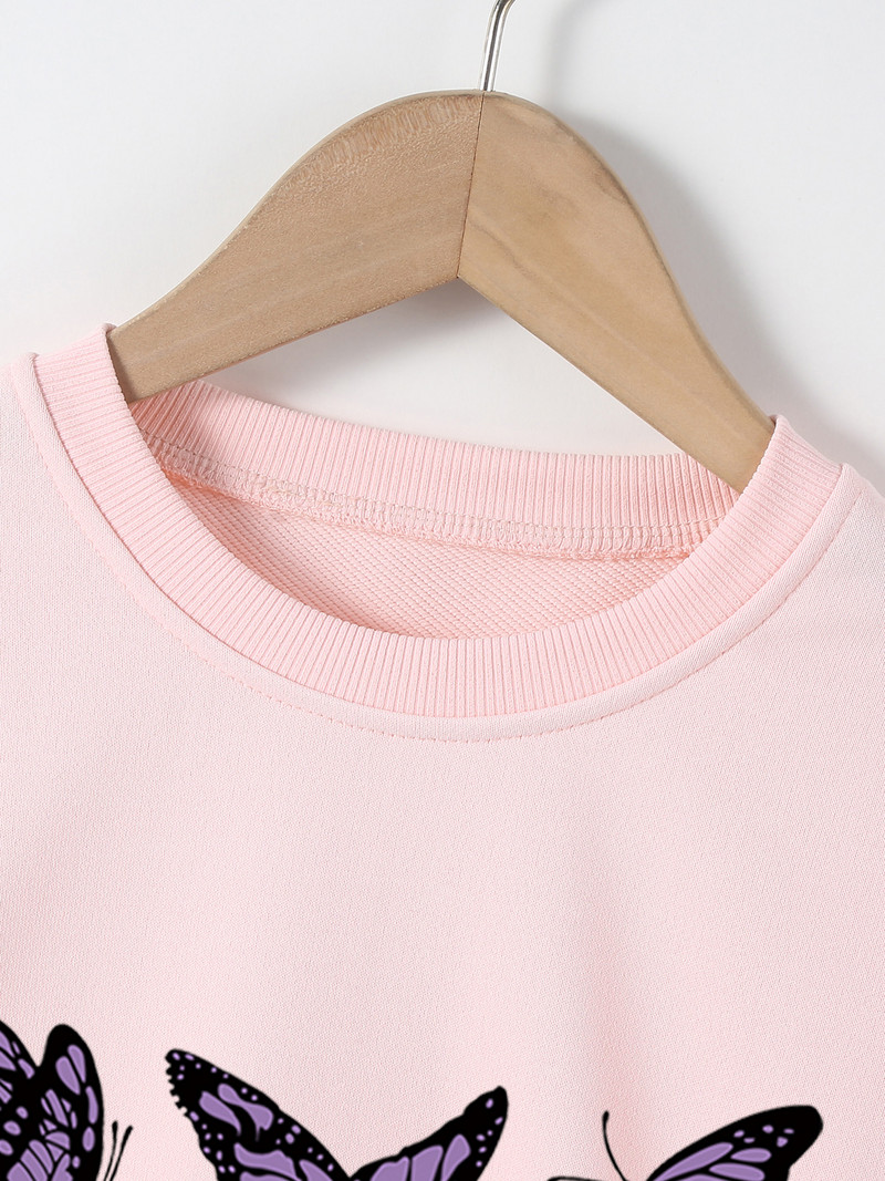 4-12 години Есенен нов суитшърт Моден суичър за момиче с букви Реколта Пеперуда Момиче Цветен елемент Красиво детско кръгло деколте