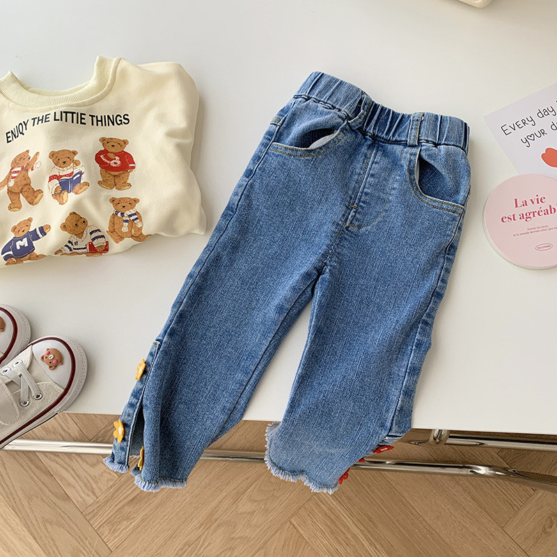 2023 Пролетни момичета Сладки дънки с бродерия на цветя Панталони от деним