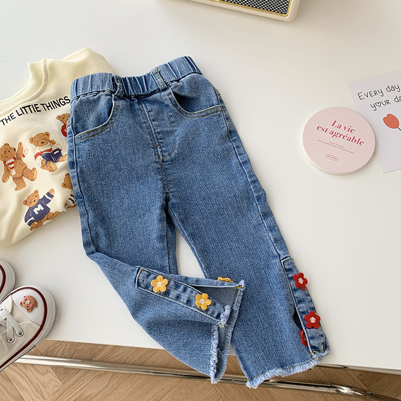 2023 Пролетни момичета Сладки дънки с бродерия на цветя Панталони от деним