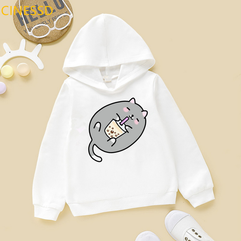 Harajuku Kawaii Cat Love Boba Cartoon Hoodie Baby Boys Girls Суичър Зима Пролет Горнище Детски дрехи Бели детски полар
