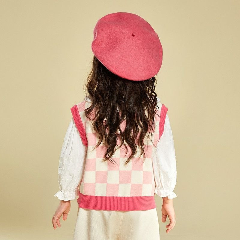 Пролетна и есенна жилетка за момичета Плетен потник Розова жилетка за момичета Пуловер с V-образно деколте Детски горни дрехи Пуловер Жилетка