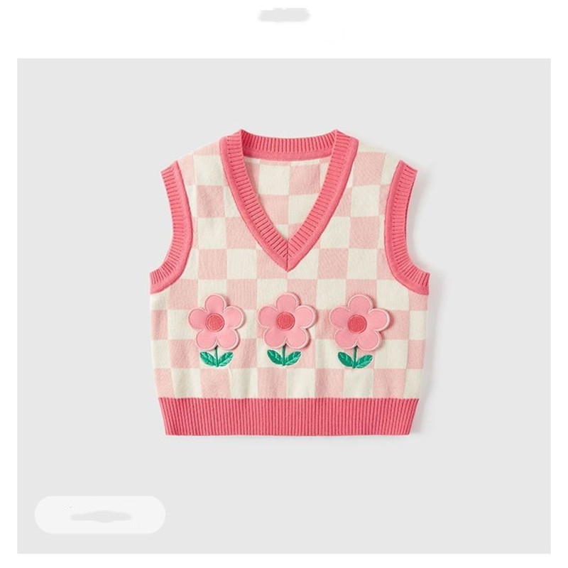 Пролетна и есенна жилетка за момичета Плетен потник Розова жилетка за момичета Пуловер с V-образно деколте Детски горни дрехи Пуловер Жилетка