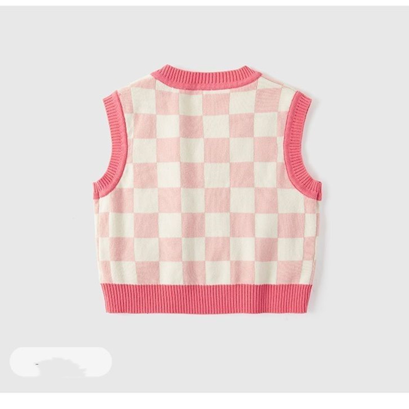 Пролетна и есенна жилетка за момичета Плетен потник Розова жилетка за момичета Пуловер с V-образно деколте Детски горни дрехи Пуловер Жилетка