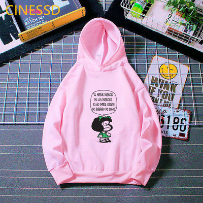 Harajuku Kawaii Παιδικά Mafalda Print Παιδικά Φούτερ Λευκό Ροζ Κίτρινο Φούτερ με κουκούλα για κορίτσια Hick Χειμερινά ρούχα από φλις μπλουζάκια