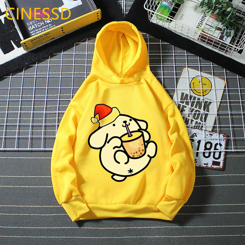 Забавен Pompompurin Love Boba Animal Print Hoodie Бебешки дрехи за момчета Зимно горнище за момичета Жълт унисекс детски тийнейджърски сладък суичър
