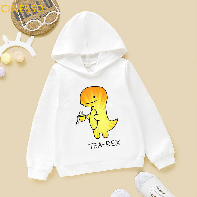 Качулка с принт на динозавър Tea-Rex, момичета/момчета, детски дрехи Harajuku Kawaii Графичен суичър, зимно детско облекло, суичър с качулка