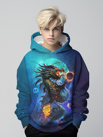 Fashion Dragon 3D Print Boys Ежедневен пуловер с качулка и дълъг ръкав за пролетта, есента, детски горнища с качулка на открито