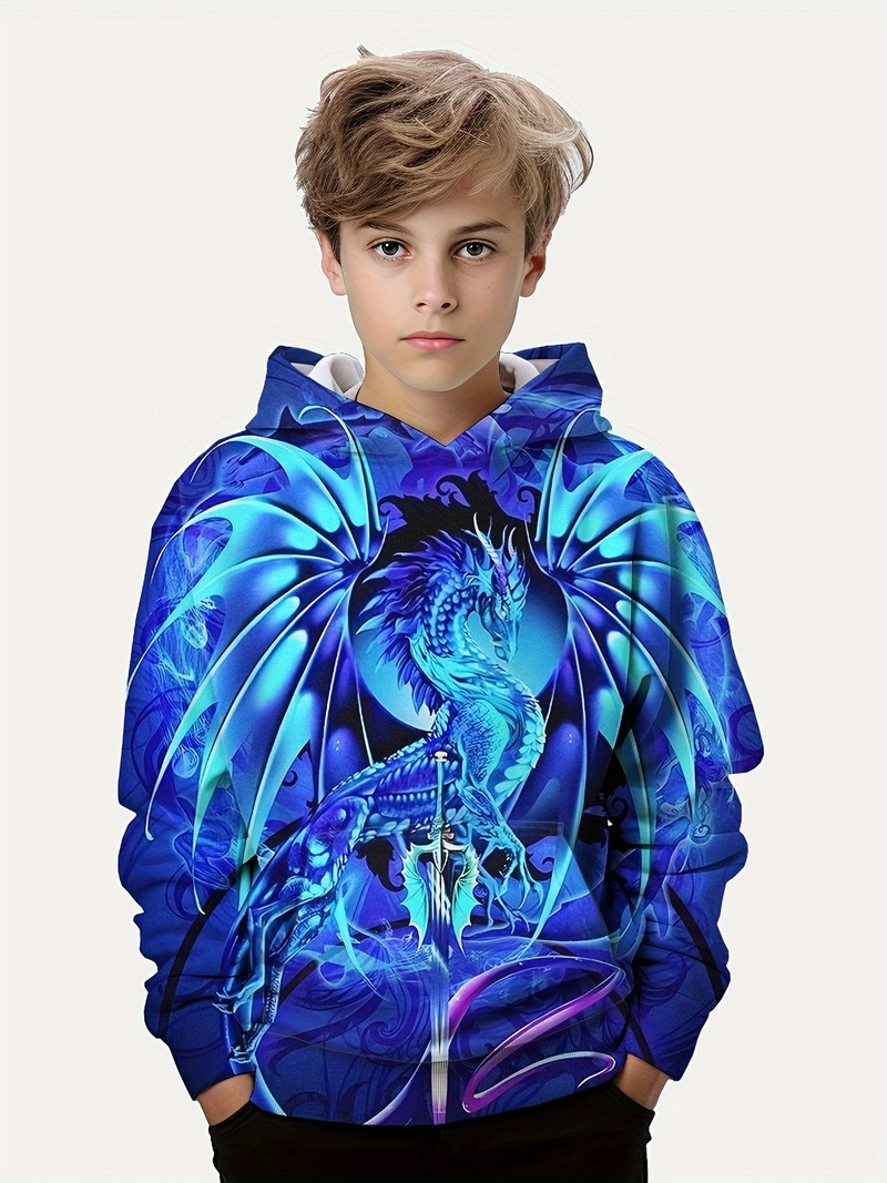 Fashion Dragon 3D Print Boys Ежедневен пуловер с качулка и дълъг ръкав за пролетта, есента, детски горнища с качулка на открито