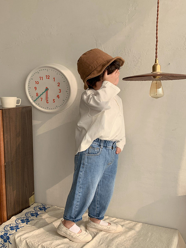 2023 Есенни и пролетни нови дънки Дрехи за момичета Дрехи за бебета Момчета Висока талия Едноцветни дънки Детско облекло Памук