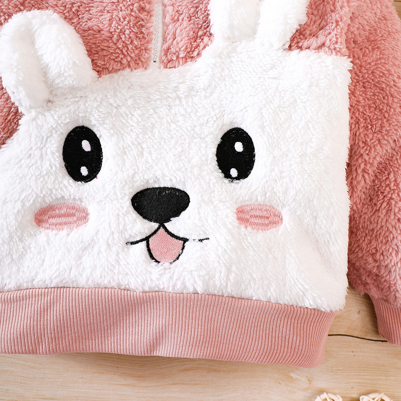 Плюшен пуловер с качулка с качулка и дебел сладък заек за есен и зима за момичета