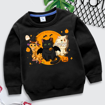 Честит Хелоуин Суитчър с котки Детски забавен пуловер с тиква Harajuku Vintage Cats Hoodies Есен Хелоуин Бебешки дрехи за момчета