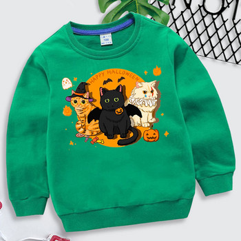 Честит Хелоуин Суитчър с котки Детски забавен пуловер с тиква Harajuku Vintage Cats Hoodies Есен Хелоуин Бебешки дрехи за момчета