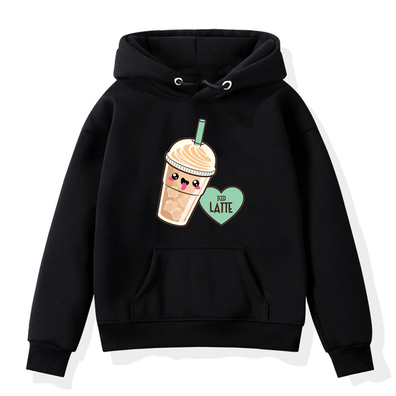 Суичъри с качулка за момичета с щампа Latte Суичъри с качулка с дълги ръкави Детски есенни дрехи в ежедневен стил Връхни дрехи за малки деца 2-14 години
