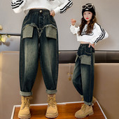 Fashion New Girls` Jeans Youth Pocket Elastic Waist Pants 5-14Y