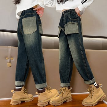 Модни нови дънки за момичета Младежки панталони с еластична талия с джоб 5-14 г